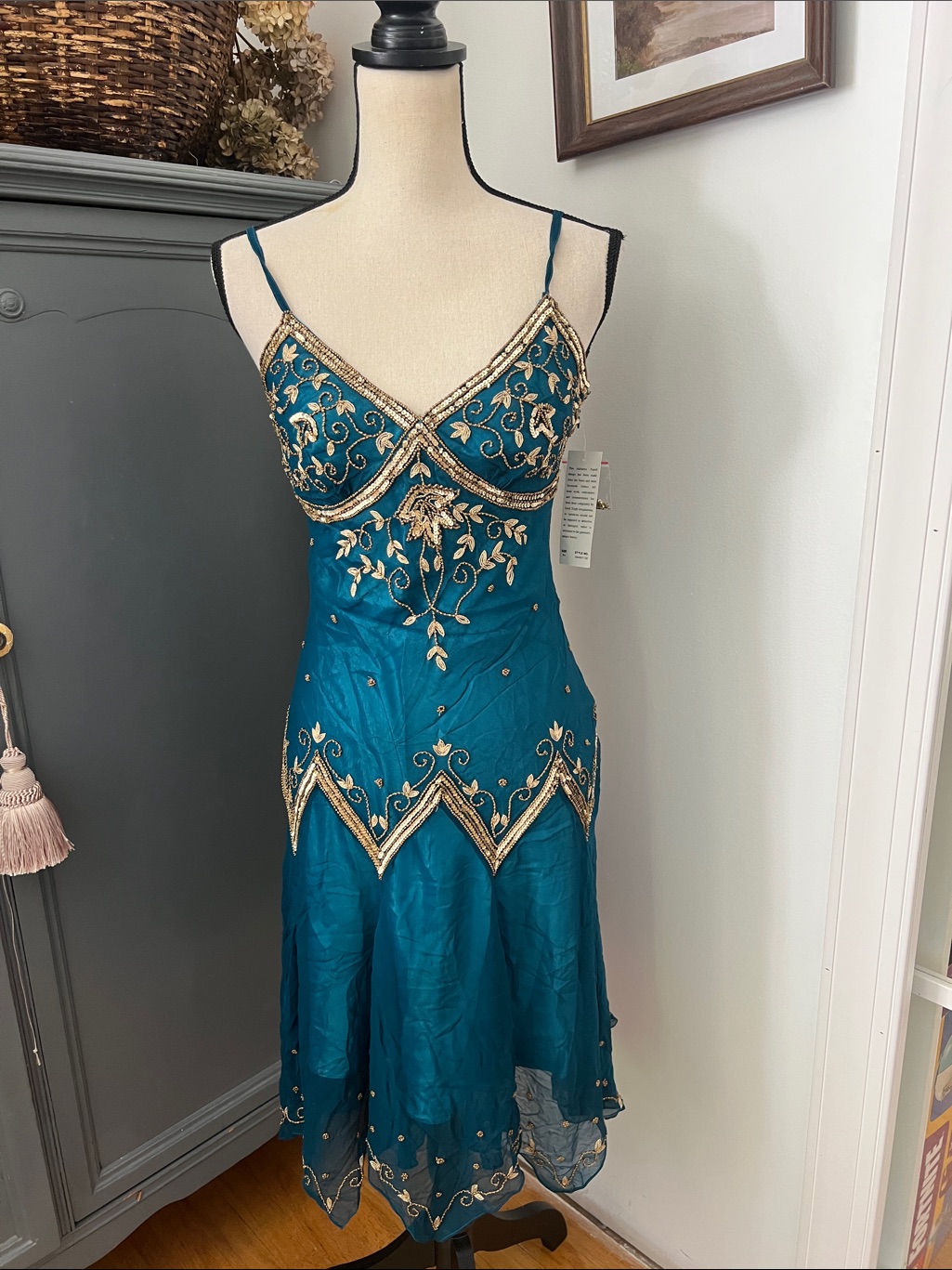 Nwt Adrianna Papell Silk Vintage 90s Beaded Handkerchief Hem Dress